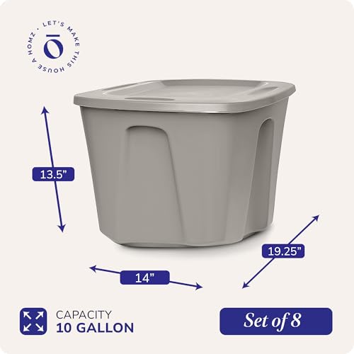 HOMZ 8-Pack Durable Molded Bin, Plastic Storage Containers with Lids, 10 Gallon, Silver - Stackable Organizer Totes and Boxes for Bedroom, Kitchen, and Garage Organization - color: Titanium Silver, size: 8 Pack
