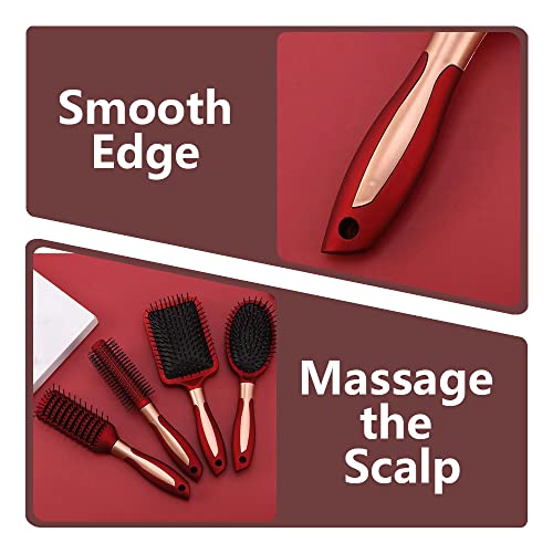 4 Pcs Hair Brush Set, Includes Anti-Static Massage Oval Comb, Detangling Brush, Round Hair Brush, Vented Hair Brush, for Women, Men, and Kids - color: Red