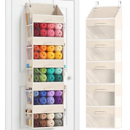 Ofiray-home Hanging Yarn Storage Organizer with 5 Drawers | Over Door Large Capacity Knitting Organizer Storage &10 Side Pockets, Hanging Yarn Holder for Knitting Needles, Crochet Hooks