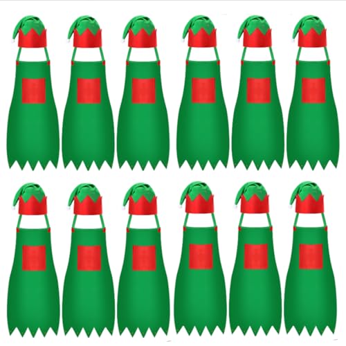 Handepo 12 Sets Christmas Apron and Hat Christmas Elf Costume Kit for Adults Women Cosplay Kitchen Xmas Holiday - color: Green, style: Simple