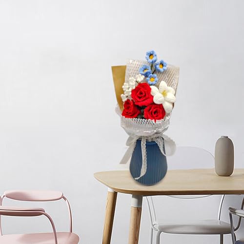 Marvogo Handmade Crochet Flower Bouquet,Crochet Flowers for Loved Ones | Crochet Flower,Crochet Rose, Bell Orchid, Tulip, Finished Artificial Flower Ideal for Lovers, Family and Friends red - color: Red
