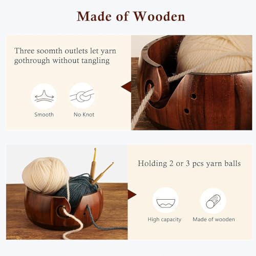 Wooden Yarn Bowl Holder, Craft Knitting Bowl with 9pcs Silicone Crochet Hooks and Crochet Ring, 6 Inch Yarn Storage Crochet Bowl Set Gift for Knitters Women Mother Grandma