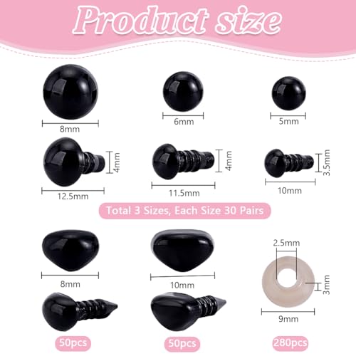 PH PandaHall 280pcs Safety Eyes Safety Noses Kit, 180pcs 5/6/8mm Crochet Eyes 100pcs 8/10mm Amigurumi Nose Black Stuffed Animal Eye with Washer for Felting Puppet Bear Teddy Bunny Craft Making