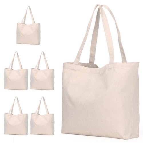 Koolmox Canvas Tote Bags, 6PCS 17x14x3.9'' Heavy Duty Canvas Bags with Reforce Handles and Widened Bottom, Reusable Washable Tote Bag Bulk Blank to DIY Art Crafts Print Women Grocery Teacher - style: Beige_open_17x14x3.9''