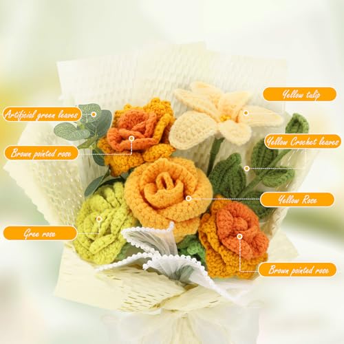 Marvogo Handmade Crochet Flower Bouquet,Crochet Flowers for Loved Ones | Crochet Flower,Crochet Rose, Bell Orchid, Tulip, Finished Artificial Flower Ideal for Lovers, Family and Friends Yellow&Green - color: Yellow&green