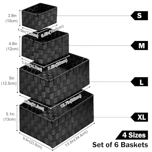 Storage Baskets: 6 Pack Stackable Woven Storage Bins, Black | Decorative Woven Baskets for Organizing with Built-In Handles for Shelves, Closets, Cabinets and Cubbies, Gift Small Basket - color: Black, size: 6 pack