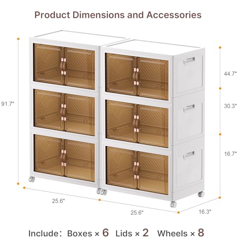 UAMFURI Stackable Storage Bins, 896QT Collapsible Drawers with 2 Lids | Large Capacity, Magnetic Door, Stack Lock, Rolling Wheels, Foldable Design, Organizers and Storage for Bedroom Dorm Garage - color: White-112qt, size: 8Pack with 2 top lids