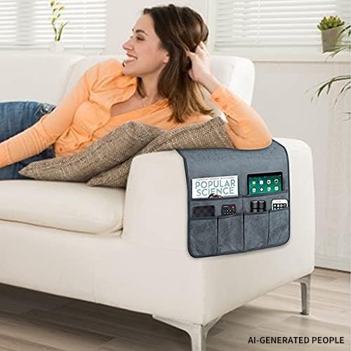 HAOMAIJIA Sofa Armrest Organizer, Remote Control Holder for Recliner Couch | Anti Slip Arm Chair Bedside Caddy Storage Organizer With 6 Pockets For Cell Phone Tv Remote Control Magazines (grey blue) - color: grey blue, size: 35 Inches × 19.3 Inches