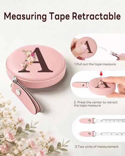 Maicican Retractable Tape Measure, Pink Leather Sewing Measuring Tape, A | with Initial A-Z, 60"/1.5m Soft Sewing Measuring Tape for Body Measurements, Portable Small Fabric Ruler - color: Tape Measure-Pink A