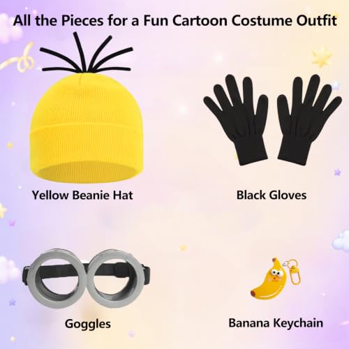 Cartoon Character Costume Accessory Kit Adult Men Women Halloween Costumes | Funny Easy Halloween Costumes Accessories Beanie Hat Goggles Gloves Banana Keychain for Birthday Themed Party Dress Up Set - color: Yellow - 4pcs