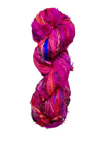 Maker's Craft Recycled Fuzzy Fringes Sari Silk Ribbon Yarn 35yards, 100Grams for DIY Knitting Crocheting Gift Wrapping, Christmas Decoration, Macrame Makers, Jewelry Making, Rugs Hooking (Magenta) - color: Magenta