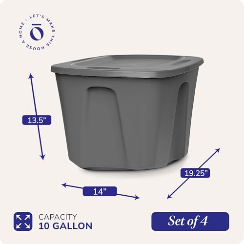 HOMZ 4-Pack Durable Molded Bin, Plastic Storage Containers w/Lids, 10 Gallon, Silver - Stackable Organizer Totes and Boxes for Bedroom, Kitchen, and Garage Organization - color: Titanium Silver, size: 10 Gallon (4 Pack)