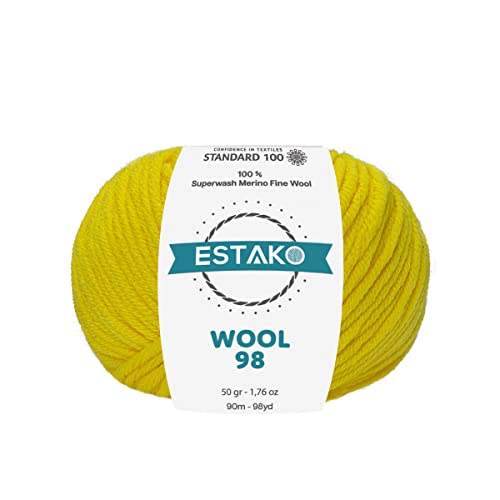 Estako Wool 98 100% Soft Superwash Merino Wool Worsted Weight Yarn, Yellow | 1.76 oz, 98 yds, cyc 4 medium, aran, machine washable, 5 mm needles, 6 mm hook, 20 sts gauge - color: 6366- Yellow, size: 1 Skein