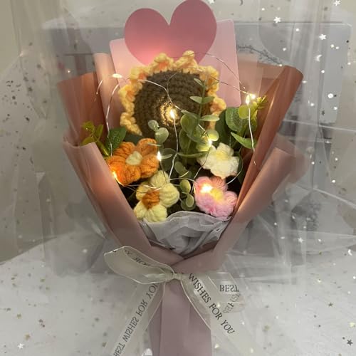 Crochet Flowers Bouquet, Handmade Knitted Bouquet, Crochet Flower Kit Knitted Fake Sunflower Daisy, Gift for Mother Wife on Birthday Anniversary (01Cappuccino Color) - color: 01cappuccino Color