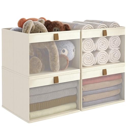 Linen Closet Organizers and Storage, Closet Storage Bins Basket Organizer, Foldable Organization Baskets with Mesh Window for Clothes Towels and Toys, 14.5" x 14.5" x 10.25", Beige, 4 pack - color: Beige-4Pack, size: 14 ½"L x 14 ½"W x 10 ¼"H
