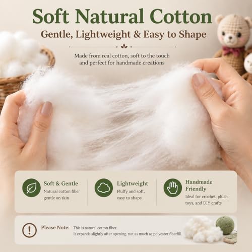 GREYHOLLOW 100% Cotton Stuffing for Stuffed Animals 0.44lbs (201g) | Natural Cotton Fiber Filling for Crafts, Crochet & DIY Projects, OEKO-TEX Certified