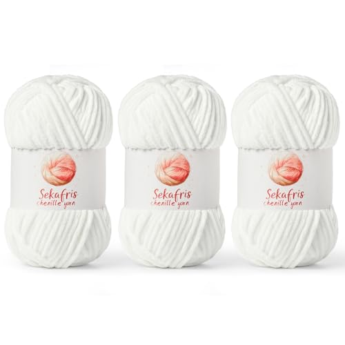 Chenille Yarn for Crocheting, Size 5 Bulky,3 White | 300g/393yds Soft Chunky Velvet Yarn for Crochet and Knitting,Fluffy Baby Yarn for Amigurumi,Blankets and DIY Crafts. - color: 3 White