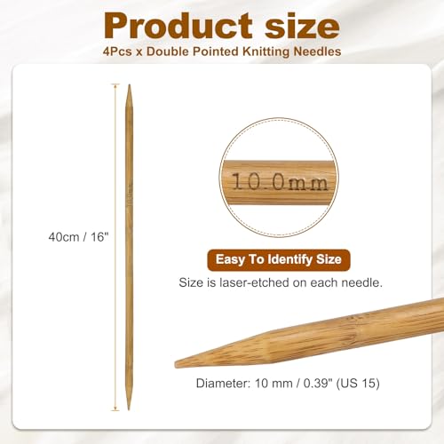HARFINGTON 4Pcs Double Pointed Knitting Needles Size US 15 (10mm) 16" Long Carbonized Bamboo Straight Knitting Needles for Beginners Handmade Creative DIY Craft Yarn Projects - size: Size US 15 (10mm)