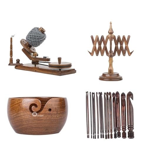 Outright Wooden Yarn Ball Winder Large Capacity Complete Set of Crocheting and Knitting - Yarn Bowl, Crochet Hooks Set of 15, Yarn Winder and Swift - color: Rosewood, size: Complete Knitting Set