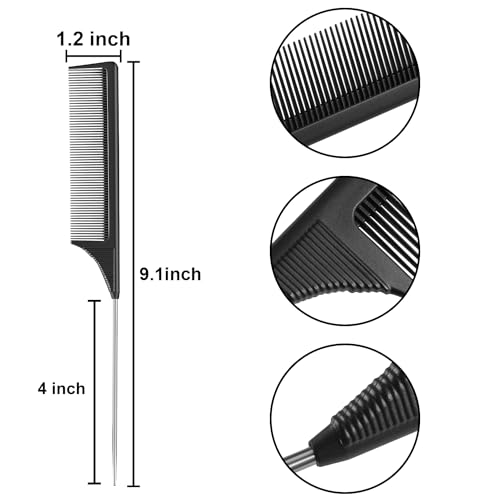 Leinuosen 2 Pcs Rat Tail Combs Steel Pin Carbon Fiber Teasing Hair | Heat Resistant Pintail, Metal Parting Tip for Sectioning, Professional Styling Comb, Salon Quality for Women Haircare