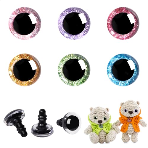 MUCUNNIA 120pcs 18mm 3D Glitter Plastic Safety Eyes for Amigurumi Trapezoid Craft Crochet Doll Eyes with Washers Stuffed Animal Eyes for DIY of Puppet, Bear Animal Halloween Decorations(6 Colors) - size: 18mm