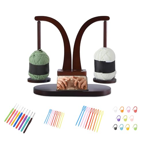 JUQWWQUJ Yarn Holder for Crocheting and Knitting,Yarn Spindle with Double Spindles,Magnetic Yarn Holder,Includes 9 Crochet Hooks,20 Stitch Markers,and 20 Hand Sewing Needles,Wooden Yarn Spinner