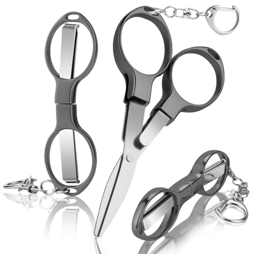 3 Pcs Folding Stainless Steel Mini Badge Scissors with 3 Keychains | Safety Foldable Pocket Travel Small Scissors All Purpose for Nurse Accessories, Travel, Office, Craft, Sewing (Gray Black) - color: Gray Black