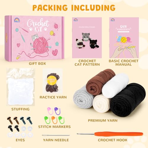 Crochet Kit for Beginners, Cat Crochet Kit for Adults Beginner | Complete DIY Crochet Starter Kit with Step-by-Step Video Tutorials, Easy Knitting Kit Cat Crochet Gifts - color: Kitty Friend