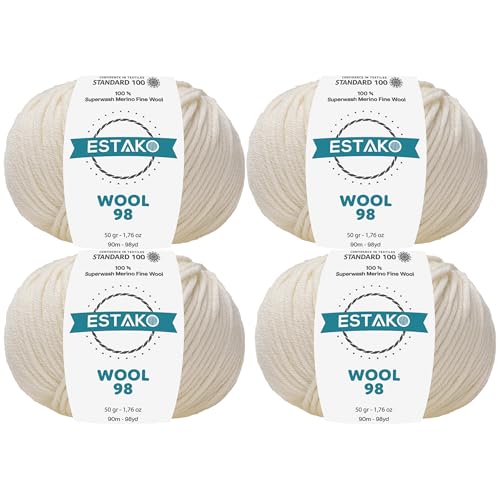 Estako Wool 98 100% Superwash Merino Wool Worsted Weight Yarn, Ecru 4-Pack | 7.04 oz, 392 yds, cyc 4 medium, aran, machine washable, 5 mm needles, 6 mm hook, 20 sts gauge, crocheting, sweaters - color: 6350 - Ecru, size: 4 Skeins