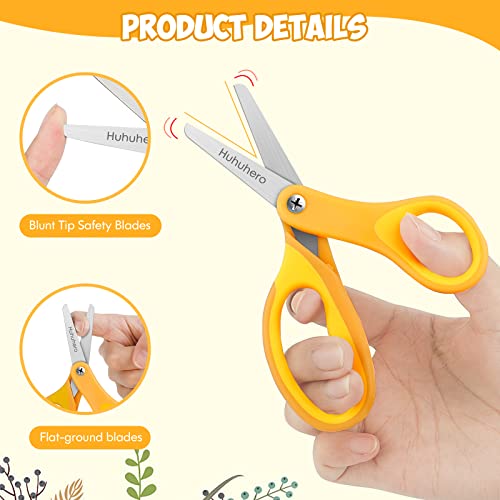 Huhuhero 5" Kids Scissors, Small Safety Toddler Blunt Tip Scissors, 4 Pack | Right & Left Handed, Premium Stainless Steel Blades, Soft Grip Handle, Scissors Set for Child Kids Classroom Craft Cutting