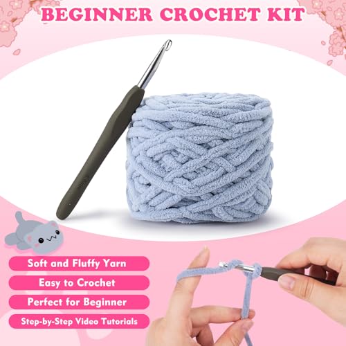 2PCS Kitty Crochet Kit for Beginners Cats Crochet Starter Kit for Adults | Crochet Kit with Step-by-Step Video Tutorials, Learn to Crochet, Beginner Crocheting Kit Easy Peasy Yarn Gifts for Birthday - color: Gray White Cat