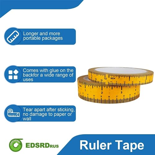 EDSRDRUS 2 Pack Ruler Tape 1/2, 1 inch No Gap Masking Tape Measure, Repeating 12inch Imprint Adhesive Tape Measure, No Residue & Waterproof Ruler Tape for Painting, Sewing & DIY (Yellow) - color: Yellow, size: No Gap - (1/2in+1in) * 45Yard