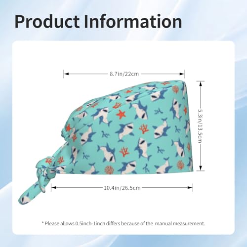 MOLIAN Dental Tooth Adjustable Working Cap Surgical Headgear for Women Men | Adjustable Tie Back Scrub Caps with Button Built-in Sweatband Working Cap for Nurses Doctors and Workers - color: Big Fish and Coral