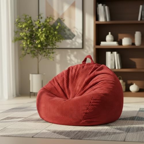 ZhenLives Stuffed Animal Storage Bean Bag Chair Cover, Cover Only (No Filler), Corduroy Toy Organizer Floor Cushion Seat, 48 in/120 cm Slipcover for Teens & Adults, Red - color: Coral Red, size: Adult (Cover Only）
