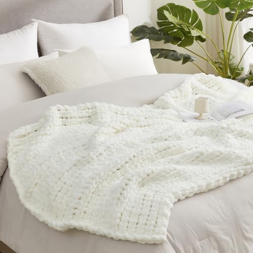 Amélie Home Chenille Chunky Knit Throw Blanket for Couch 60"x80", Ivory | Handmade Chenille Crochet Throw for Sofa Bed, Thick Cable Knitted Blankets for Room Home Decor, Birthday Gift for Women - color: Ivory, size: 60"x80"