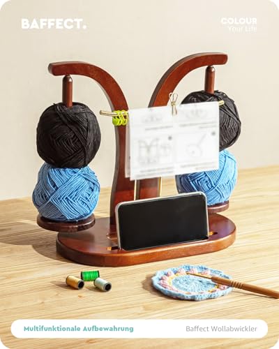 Baffect Yarn Holder Magnetic, Wooden Double Yarn Spindle (Brown + Gold) | With T-shape Holder, Small Accessories Storage slot & Phone Stand, Ideal Gift For Crochet Lovers - color: Brown+Gold