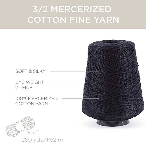 Silk City Fibers, 3/2 Perle Mercerized Cotton Yarn, Black, 1 Cone | Designer Yarn for Machine Knitting, Weaving and Crochet, Premium Garments, Delicate Shawls and Fine Weight Projects - color: Black