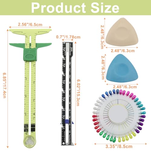 Kyuionty Sewing Gauge Ruler Set, 2 Pcs Tools with Chalk Pins | 1/8-Inch Markings For Accuracy, T-Shape Design For Garment Quilting, Compact For Carry, Plastic And Aluminum Body - color: 5 Pcs Kit