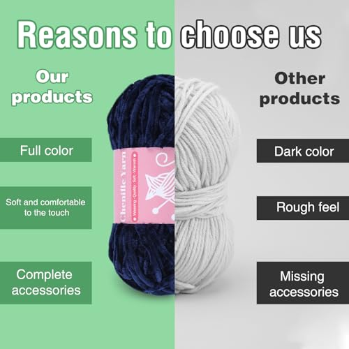 LUNARM Chenille Yarn for Crochet Knitting Chunky Blanket Velvet Yarn | 3 Pack 3.5oz/100g 486 Yard Navy Blue Chenille Yarn for Beginners Knitting Scarves with Big Eye Needles Machine Washable - color: Navy Blue