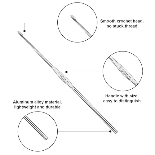 Skweawert 6Pcs 1.6mm Stainless Steel Crochet Hook | Bulk Hand Needles, for Beginners, Women, College Students, Crocheters - size: 1.6mm