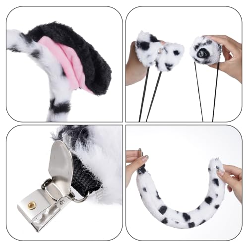Jmkcoz 4 Pcs Dalmatian Dog Costume Set Puppy Dog Ears Headband and Tail Nose Bow Tie for 100 Days of School Halloween Cosplay - color: Black