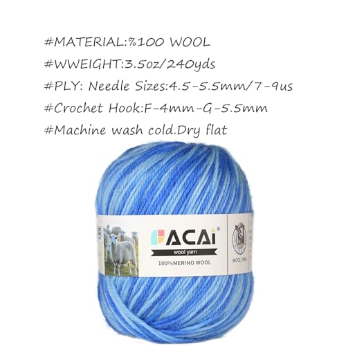 Facai Merino Wool Yarn Sock Yarn - 100% Pure Merino Wool Roving for Knitting, 1-Ball Set, 3.5oz (240 Yards), Worsted Weight (1, Blue Ombré) - color: Blue Ombré
