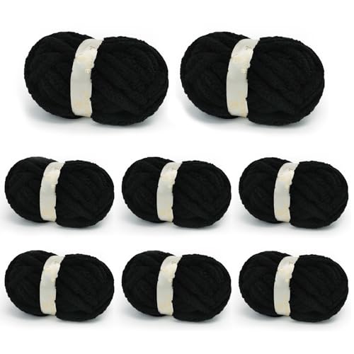 Chunky Yarn for Hand Knitting, Chunky Chenille Blanket Yarn for Crocheting, Bulky Soft Fluffy Chenille for Blanket Project, 8 Pack of 8oz/25yds, Black - color: Black