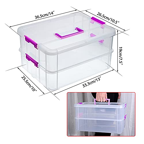 BTSKY 2 Layer Stack & Carry Box, Plastic Storage Container Box with Lid | Multipurpose Craft Organizers and Storage for Organizing Stationery, Sewing, Art Craft, Jewelry & Beauty Supplies, Purple - color: Purple