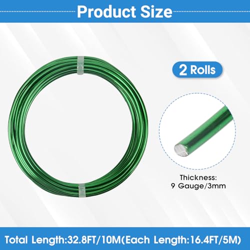 2 Rolls Aluminum Craft Wire, 9 Gauge (3mm) Flexible Metal Wire for Jewelry Making, 32.8 Ft (16.4 Ft/Roll) Bendable Armature Wire for Bonsai, Sculpting and DIY Crafts [Green] - size: 9Gauge 16.4Ft Each, style: Green