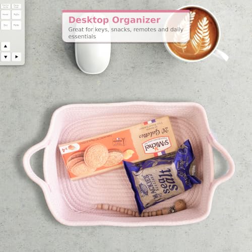 XUANGUO Medium Woven Cotton Rope Storage Basket with Handles, Light Pink | Small decorative rectangle storage bin for baby nursery items and cat toys; ideal as an empty gift basket or dog toy basket - color: Light pink