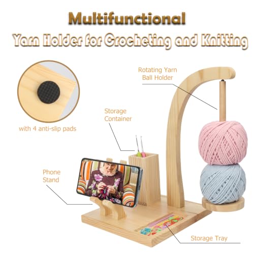 Yarn Holder for Crocheting Knitting,Wooden Magnetic Rotating Yarn Spinner Stand,Anti-Slip Base & Storage,Tangle Free Dispenser,Crochet Accessories Birthday Gift for Women Mom Wife Grandma (Natural)