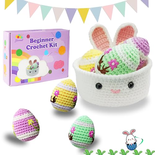 Yarniss Crochet Kit for Beginner, Easter Crochet Starter Kit for Eggs & Basket with Video Tutorials,Learn to Crochet Set - color: Easter Egg