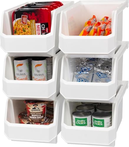 ReadySpace Large Stackable Plastic Storage Bins, 6-Pack, White | Open-Front Stackable Bins For Garage, Pantry, Closet & Office, 14,8"L X 8"W X 7"H, Nests When Empty, Durable Plastic, - color: White, size: Large, 6-Pack
