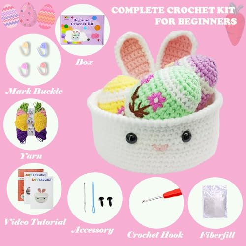 Yarniss Crochet Kit for Beginner, Easter Crochet Starter Kit for Eggs & Basket with Video Tutorials,Learn to Crochet Set - color: Easter Egg
